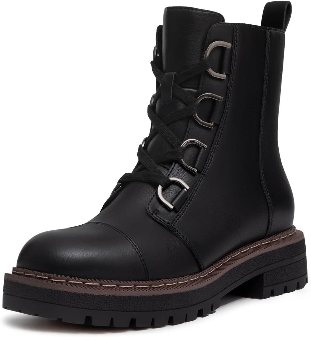 Athlefit Women's Combat Ankle Boots Lace up Platform Lug Sole Chunky Low Heel Booties, Size: 7.5