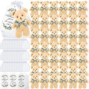 Wettarn 50 Sets Small Tiny Plush Bear Bulk 4.72 Inch Mini Stuffed Animals Small Bear Party Favors with Thank You Tags and Mesh Bags for DIY Keychain Birthday(Brown)
