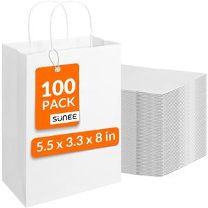 SUNEE 100 Pcs Gift Bags with Handles, 5.5x3.3x8 Inchs Small White Paper Gift Bags Bulk for Retail, Birthday Wedding Party Favors, Small Business and Paper Shopping Bag - White