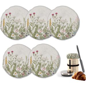 Herbs 5- Pack Cloth Covers for Sourdough Starter Jar, Wild Flowers Cloth Covers Reusable Lid Top Sourdough Bowl Cover Bread Fermentation Baking Supplies for 3-4 Inch Jar Mouth