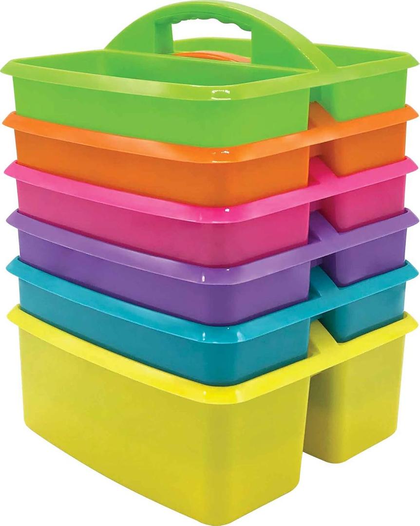 Teacher Created Resources Assorted Bright Colors Portable Plastic Storage Caddy 6-Pack for Classrooms, Kids Room, and Office Organization, (Lime, Orange, Pink, Purple, Teal, and Yellow) 3 Compartment