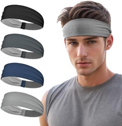 Sukeen Sports Headbands for Men, Moisture Wicking Sweat Bands Headbands Non-Slip, Breathable Elastic Sweatband, Running Headband for Yoga, Tennis, Fitness Workout, Black/Dark Gray/Dark Blue/Gray