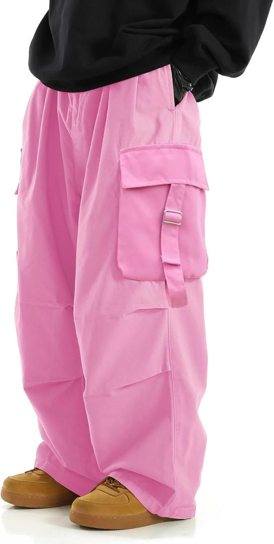 OYOANGLE Men's Drawstring Elastic Waist Flap Pockets Streetwear Baggy Cargo Pants Joggers Hiking Trousers (Pink), M