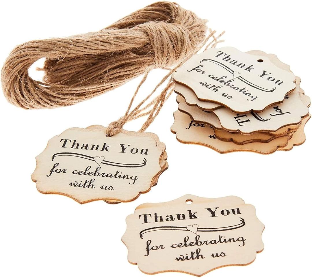 100-Pack Wood Thank You Tags with Twine for Wedding and Baby Shower Party Favors, 1.8 x 2.3 Inches