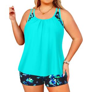 Tempt Me Women Plus Size Tankini Swimsuits - Two Piece Tummy Control Bathing Suits with Shorts 2025 Swimwear (Aqua and Blue Flower, 16W)