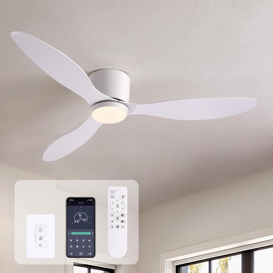 Ceiling Fans with Lights,52 Inch Low Profile Ceiling Fan with Wall Control and Remote Control,Dimmable,Flush Mount Ceiling Fan with Noiseless DC Reversible Motor for Bedroom Indoor Use (White)