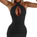 BEAGIMEG Women's Sexy Bodycon Sleeveless Criss Cross Ruched Halter Mini Dress Party Club Dress (Large, Black)