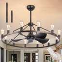 Farmhouse Ceiling Fan With Light,12 Light Farmhouse Ceiling Fans With Remote,44 Inches Large Wagon Wheel Chandelier Fan For Modern Country Kitchen, Rustic Dining Table-Bronze (Black brush gold)