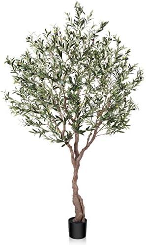 LOMANTO Olive Trees Artificial Indoor, 7Ft Artificial Olive Plants, Tall Faux Olive Tree, Fake Topiary Silk Tree in Pot with Olive Branch & Fruit, Home Office Modern Decor Gift for Housewarming Pack of 1