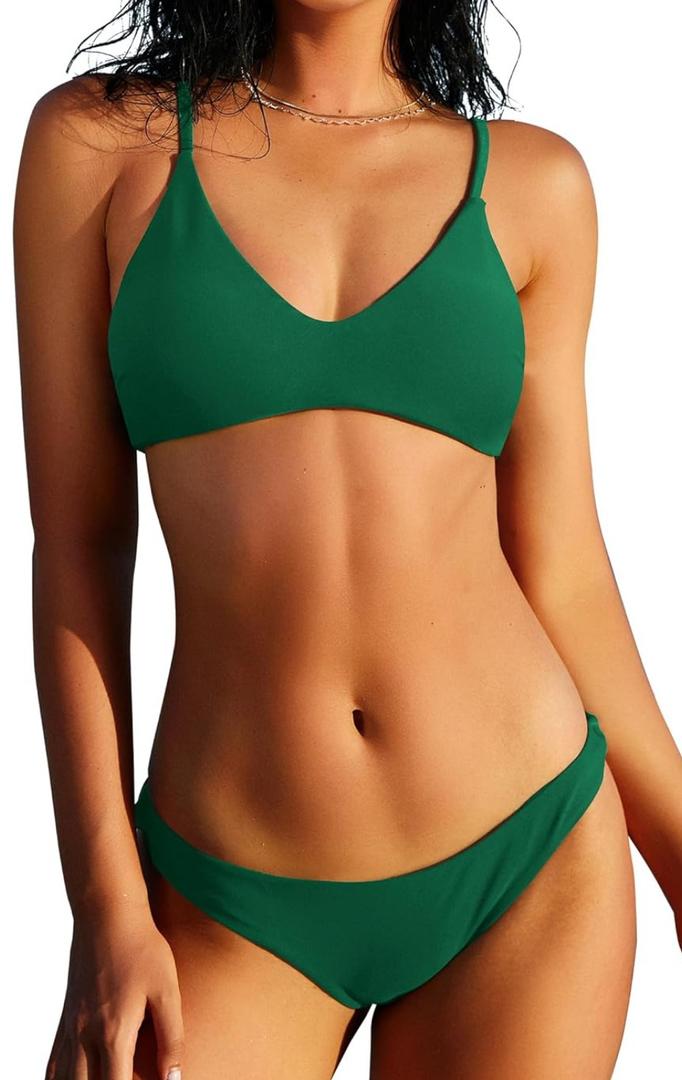 ZAFUL Women's Solid Spaghetti Strap Bralette Bikini Set Two Piece Swimsuit, S