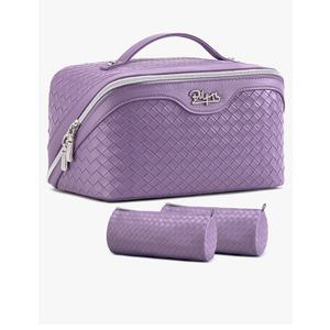 BOYATU Travel Makeup Bag Cosmetic Bags for Women: Large Capacity 3 Pcs Set Make up Bag with Compartments - Waterproof Vegan Leather Toiletry Organizer Bags with Handle (L01 Purple)