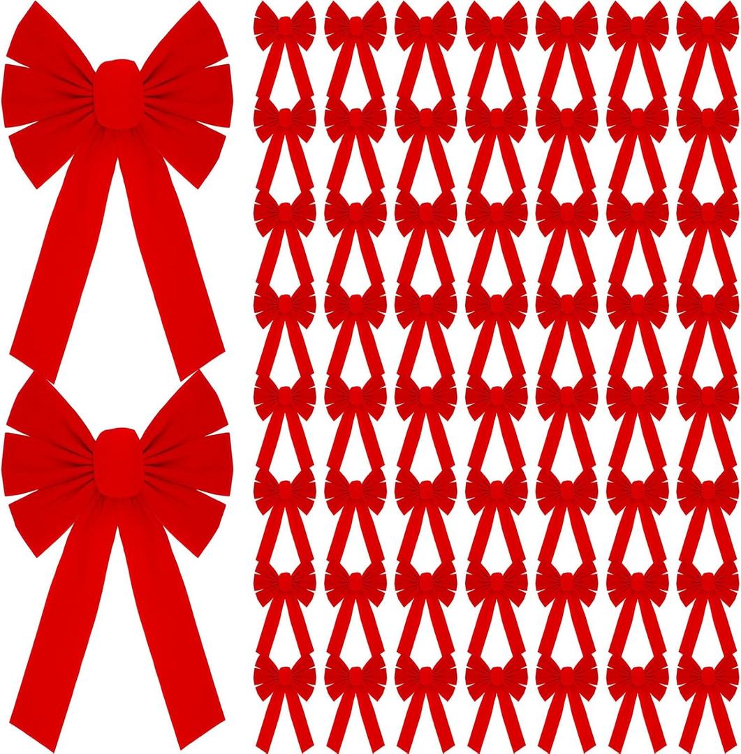 Hoteam 24 Pcs Large Red Christmas Velvet Bows - 10 x 16 Inch Green Christmas Wreath Hanging Bow Xmas Tree Topper for Indoor Outdoor Decor Wrapping Crafts DIY Decor Boutique Use (Red)