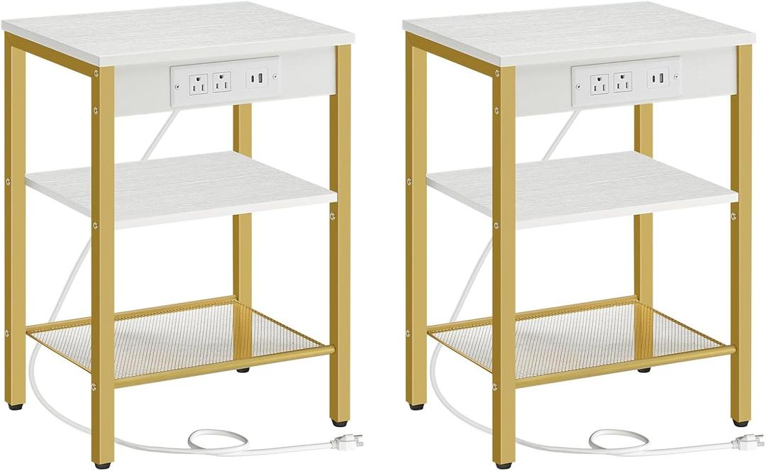 HOOBRO Side Tables Set of 2 with Charging Station and USB Port, Small End Tables for Small Space, 3-Tier Nightstands with Adjustable Shelf, for Living Room, Bedroom, White and Gold