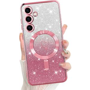 Bonoma Compatible with Samsung Galaxy S24 Fe Case Support for MagSafe, Plating Heart Glitter Magnetic Case TPU Camera Protection Back Cover for Phone Case -Pink