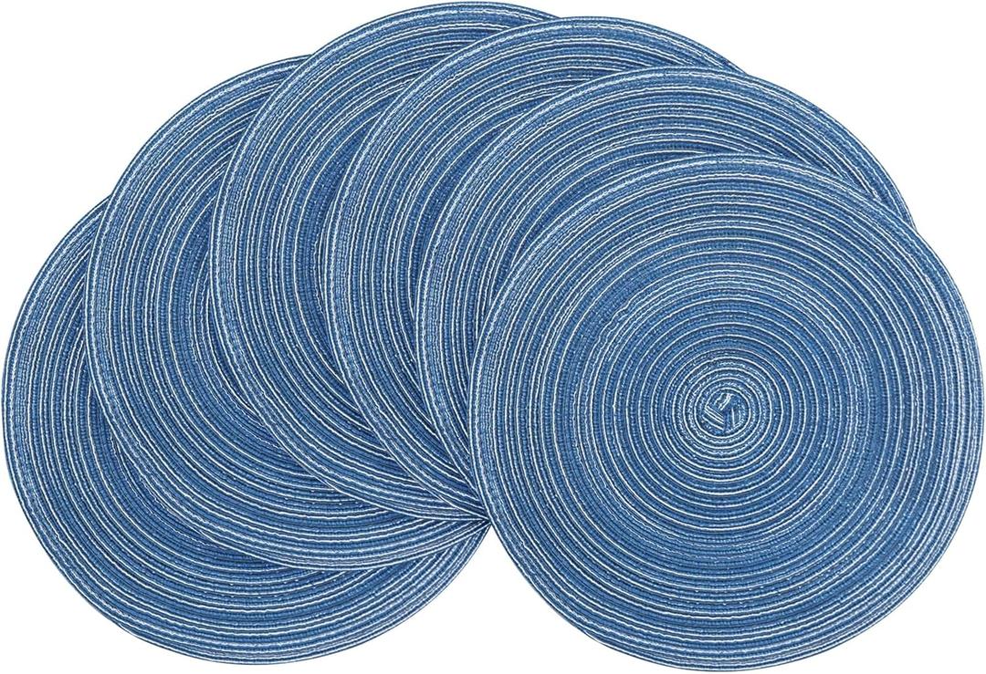 Floroom 15 Inch Round Braided Placemats Set of 6, Washable Heat Resistant Cotton Polyester Circle Place Mats for Kitchen Dining Table - Seascape Blue