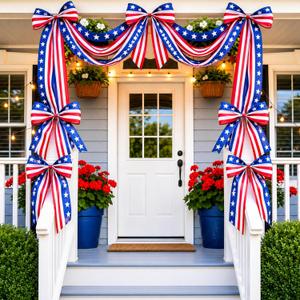 Knitgrip 10ft Patriotic Red White and Blue Outdoor Decorations Bunting Bow Garland with 4th of July 4 Large Bows Patriotic Porch Decor American Flag 250th Banner for Independence Day Wall Stair