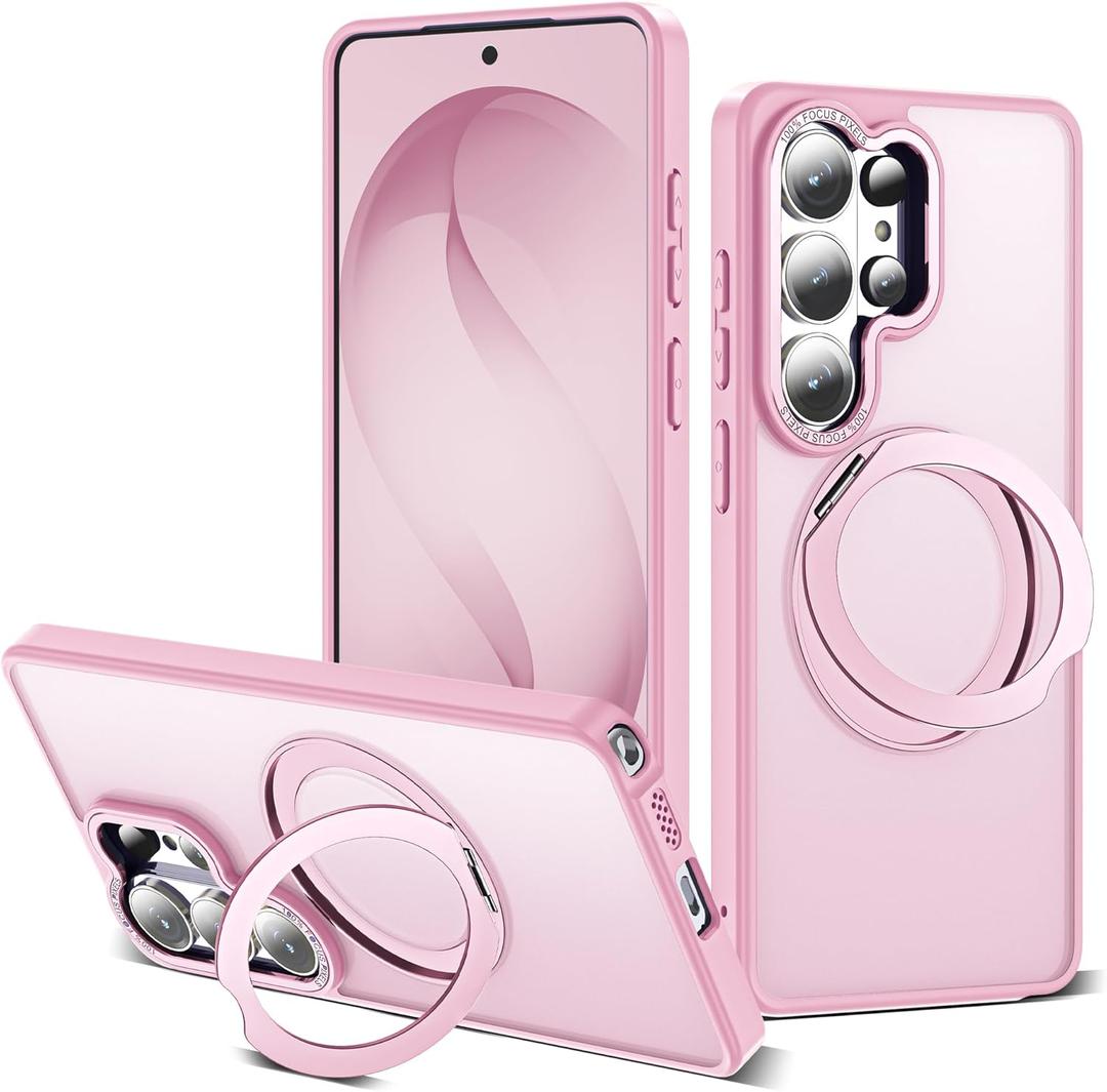 for Samsung Galaxy S26 Ultra Case with 360Rotatable Magnetic Ring Stand Compatible with Mag-Safe Military Protection Matte Translucent Phone Case for Galaxy S26 Ultra 6.9",Pink