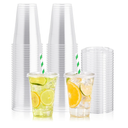 JOLLY PARTY 100Pack 16 oz Clear Plastic Cups With Flat Lids, Disposable Clear Cups with Straw Slot Lids, Crystal Clear Disposable Drinking Cup for Juice Ice Cream Milkshake Iced Coffee Cold Drink