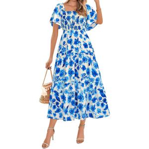 BTFBM Women's Clothing Wedding Guest Dresses Casual Boho Floral Short Sleeve Smocked Maxi Beach Spring Summer Dress 2026 (Blue, S)