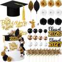 Sureio 48 Pcs Graduation Cake Toppers Class of 2026 Congrats Grad Cake Decor Graduation Cap Diploma Artificial Flower Card Ball Palm Leaves Firework Stick Kit for Theme Party Supplies(Black, Gold)