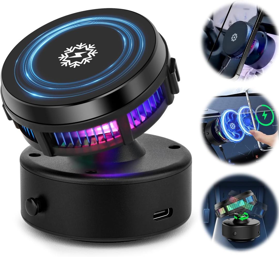15W Wireless Charger Phone Mount, Electric Vacuum Suction Cooling Car Charger, 360 Rotatable Car Magnetic Phone Holder for Screen/Glass/Smooth Surface, Compatible with iPhone 16/15/14/13/12 Series