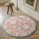 Carvapet Round Rugs, 36 inch/91 cm Vintage Circle Rug, Washable Non Slip Rubber Backing Foldable Low Pile for Living Room Bedroom, 3 ft Dark Pink Rug