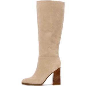 Erocalli Knee High Boots Women Fall Chunky Block High Heel Tall Long Fashion Boot Round Toe Side Zipper (8, 1 Beige)