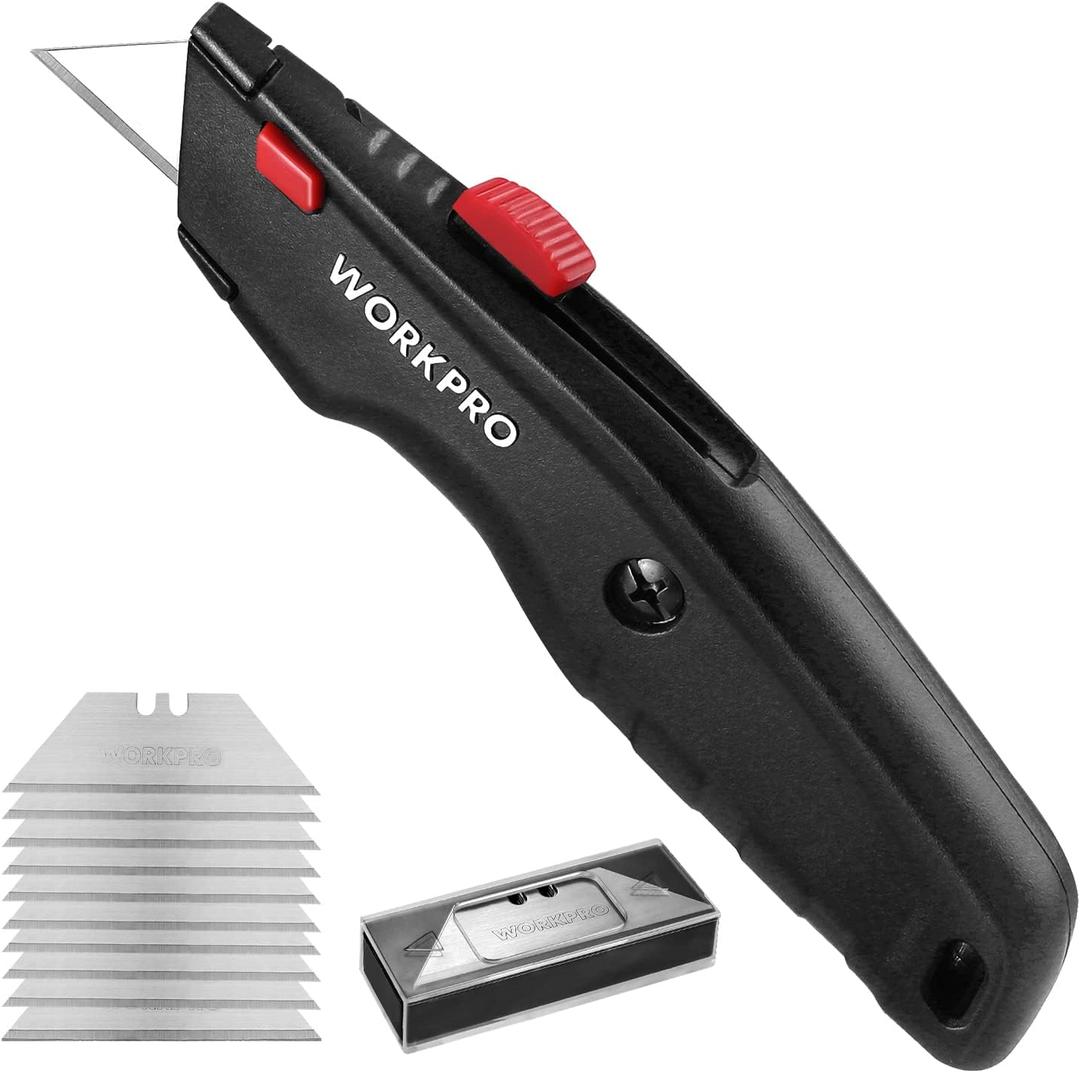 WORKPRO Premium Utility Knife, Retractable All Metal Heavy Duty Box Cutter, Quick Change Blade Razor Knife, with 10 Extra Blades (Black)
