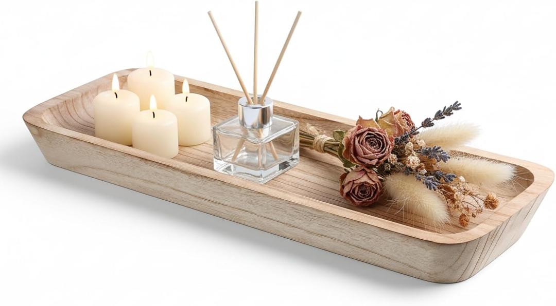 16" Wooden Dough Bowls Decorative, Long and narrow Wooden Centerpiece Table Decorations, Narrow Wood Tray, for Table Centerpiece Decor, Home Decor