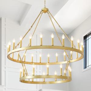 EGM 48-inch 2 Tier Gold Wagon Wheel Chandelier, 36-Light Large Farmhouse Brushed Gold Chandeliers, Round Rustic Candle Ceiling Light Fixtures for Living Room Dining Room Bedroom E12