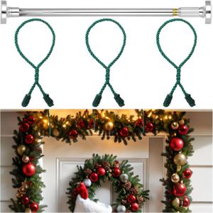 Leinuosen Christmas Front Door Garland Hanger 43-74 Inch Adjustable Christmas Wreath Hanger Stainless Steel Retractable Rod with 3 Green Tie Ropes No Nail Screw No Damage for Xmas DIY Hanging(Silver)
