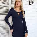 VICHYIE Women Dress Cutout Neck Bodycon Keyhole Ribbed Long Sleeve Tight Fall Mid Thigh Pencil Above Knee Mini Dresses Navy XL (Blue, XL)