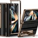 for Samsung Galaxy Z Fold 4 Phone Case [Luxury Premier Genuine Leather][Full Body Hinge Protection][Built-in Screen Protector][Kickstand Drop Proof Protective Cover] for Z Fold4 Black