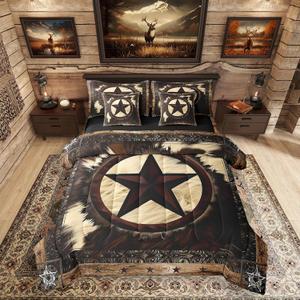 Erosebridal 7 Pcs Rustic Cow Comforter Set Full Size,Western Texas Star Bed in a Bag with Flat Fitted Sheet for Cowboy Cowgirl,Cowhide Cow Print Bedding Set with Pillowcases and Cushion Cases