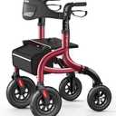 Walkers for Seniors, Rollator Walker with Seat and Backrest, 10" Big Wheels All Terrain, Rolling Walker Foldable Supports 350lb, Lightweight & Height Adjustable, Cane & Cup Holder, Burgundy