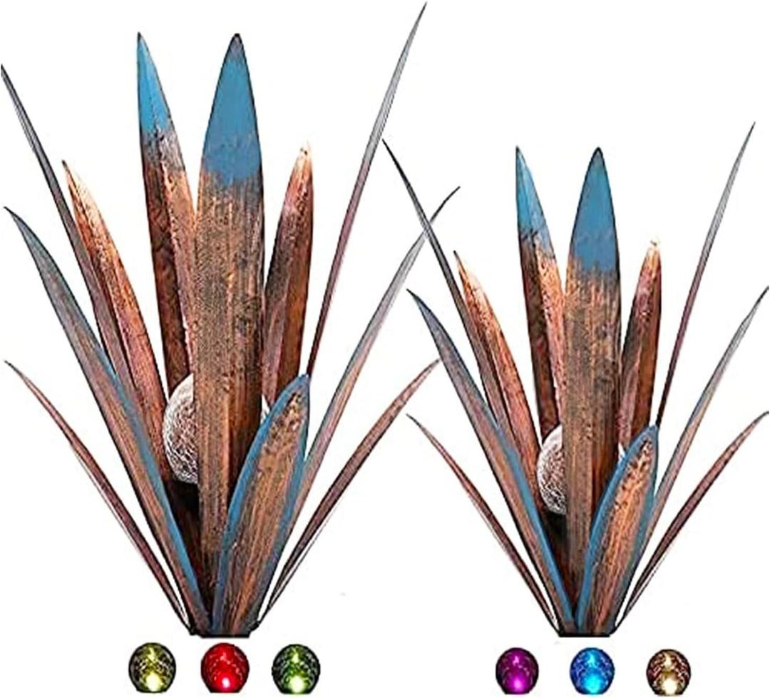 Jesokiibo 2pcs Tequila Sculpture Metal Agave Plant Home Decor Rustic Hand Painted Figurines Yard Decorations Lawn OrnamentsMulti-Color LED Solar Light Green (Blue)