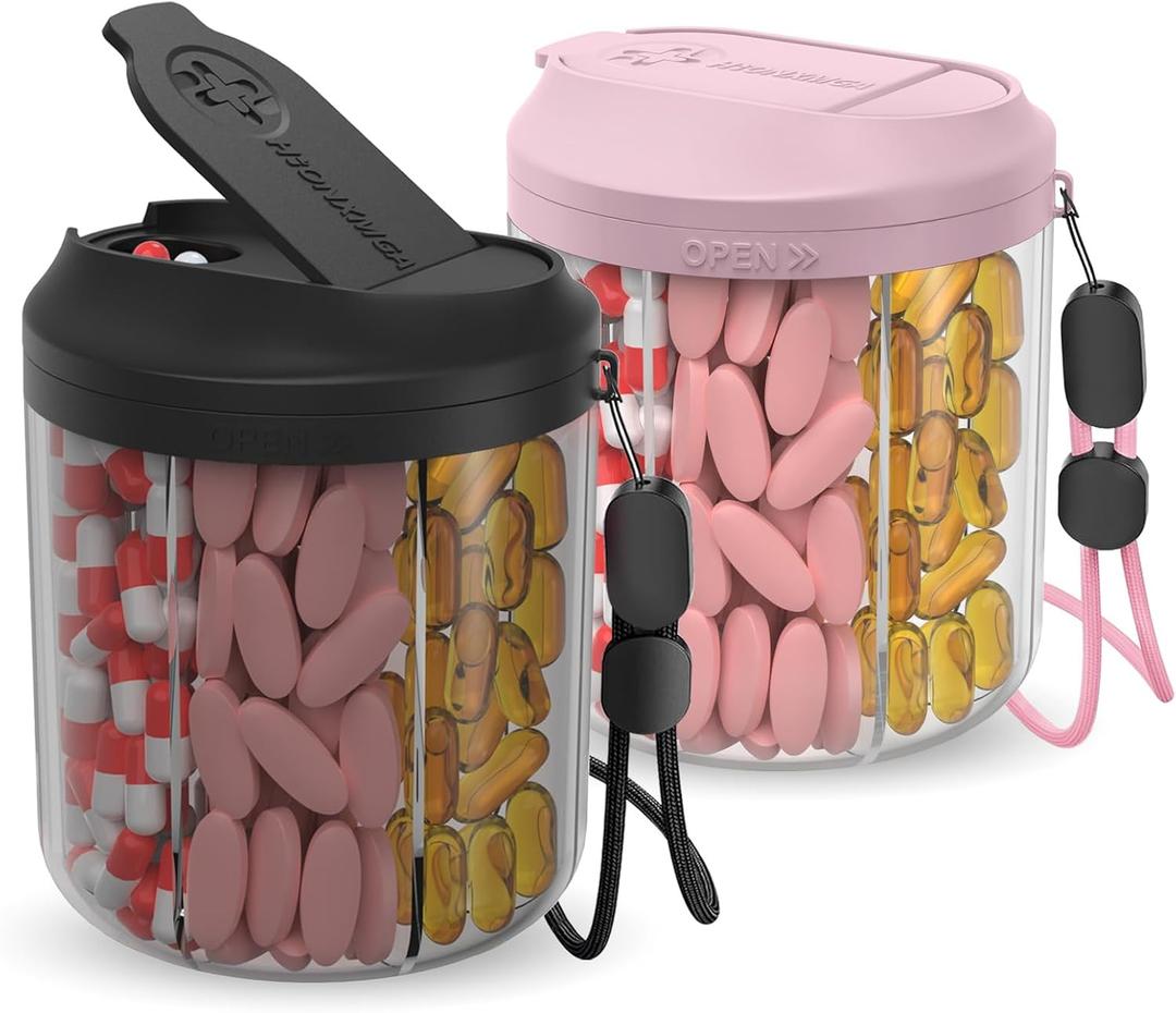 Hionxmga Pill Dispenser with 7 Large Compartments, Pill Bottle Organizer for Travel, Supplement Organizer with Anti-Mixing Design, BPA-Free Pill Container with 20 Pcs Labels, Pink + Black