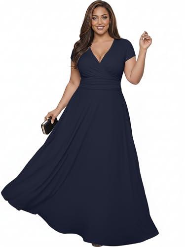 KOH KOH Plus Size Womens V-Neck Long Cap Short Sleeve Flowy Cocktail Slimming Summer Sexy Casual Formal Sun Sundress Work Cute Gown Gowns Maxi Dress Dresses, Dark Navy Blue 3XL 22-24