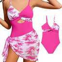 Girls'Swimwear One Piece Kids Swimsuits for Girls Tropical Twist Cross Bathing Suits with Cover Up Skirt, 15/16 Y