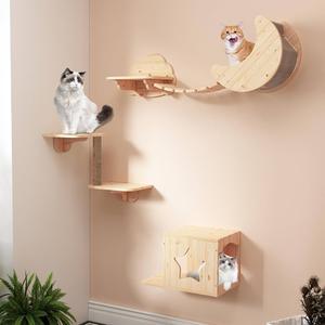 PUPETPO Cat Wall Shelves 7PCS Set for DIY Solid Wood Star Houses & Condos Perches Scratching Post Cat Bridge for Kitty & Kitten Modern Cat Tree