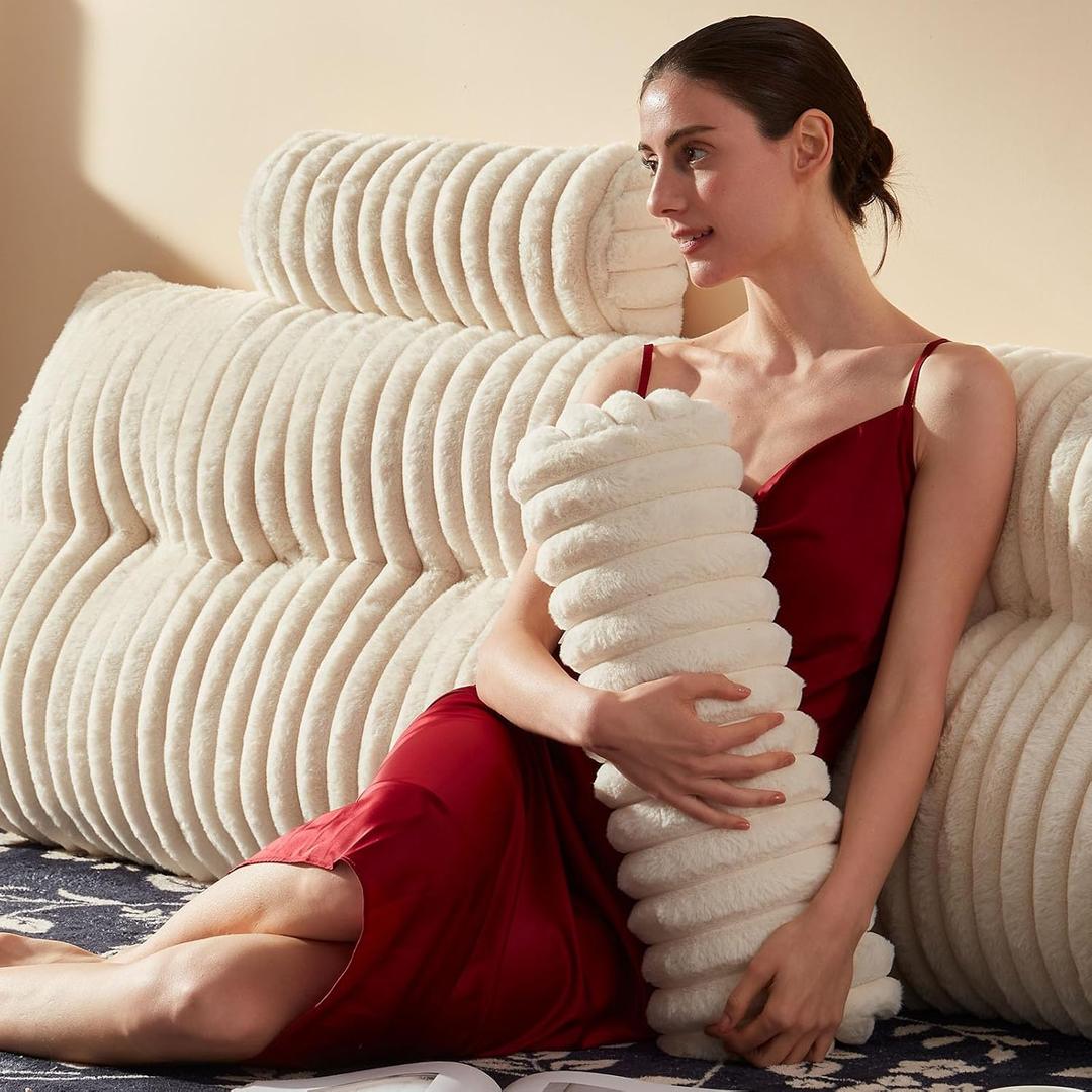 Rycwola Faux Fur Headboard Pillow with 2 Pack Neck Roll Pillow Large Headboard Pillow Soft and Supportive with Removable Cover (Beige, King)