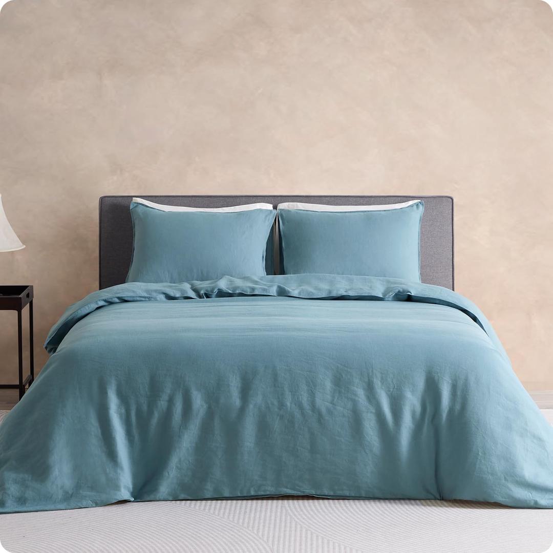 DAPU 100% Linen Duvet Cover Set - Pure Natural French Flax Linen with Corner Ties and Zipper Closure Soft Breathable Durable for Hot Sleepers 1 Duvet Cover 2 Pillowcases (Ocean, Queen/Full)