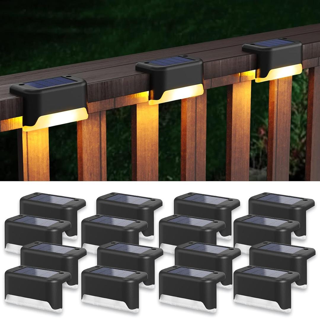 APONUO Solar Step Deck Fence Lights, Outdoor Waterproof Led, 1.77x3.14x1.73in, Black, Warm White, 16 Pcs, Path, Light, for Patio, Stairs, Garden Pathway, Step and Fences