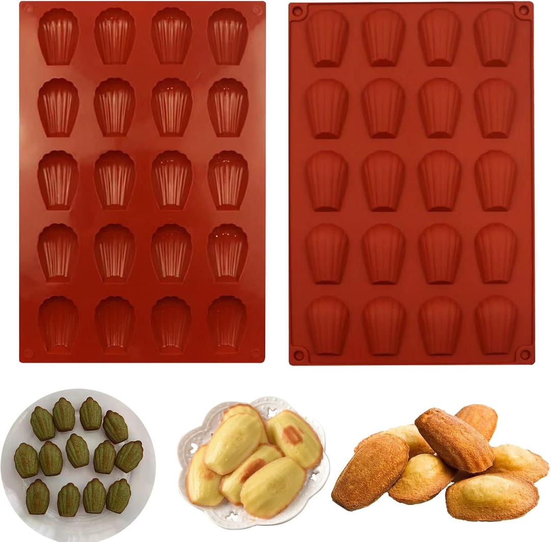 20 Cavity Madeleine Pan, 2Pcs Nonstick Silicone Madeleine Molds, Shell Shape Baking Cake Mold Pan (Brick Red)