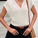 Women's V Neck Blouse 2025 Summer Textured Chiffon Top Cap Sleeve Loose Shirt for Office Work Casual (White, L)