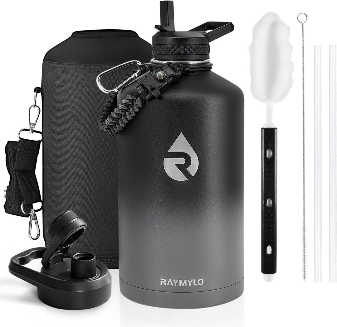 RAYMYLO One Gallon Water Bottle Insulated, Triple Walled Vacuum Stainless Steel (Cold for 48 Hrs), Leak Proof & Non-BPA, Large Water Flask Jug with Paracord Handle & Straw Spout Lids