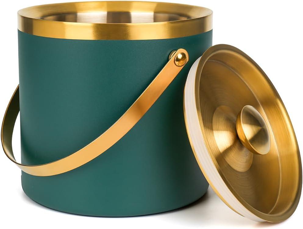 3L Double-Wall Insulated Stainless Steel Ice with scoop for Cocktail Bar - Metal Ice for freezer with Lid for parties,Camping,and More!champagne ,bar cart accessories (gold green)