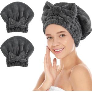 SUNLAND Large Microfiber Hair Drying Caps with Bow knot Fast Drying Shower Cap Soft and Absorbent hairWrap Hair Turban Bath Caps for Curly Thick and wet Hair 11 X 13.4 inch (Pack of 2, Dark Grey)