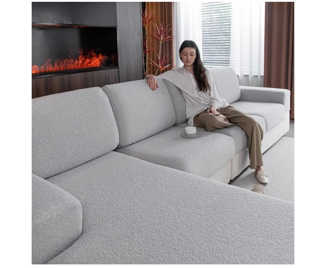 Couch Cushion Covers for Sectional Sofa, Stretch Soft Sofa Slipcovers Washable Wear-Resistant Universal Furniture Protector for Living Room(1 Piece Oversized Cover, Light Gray)
