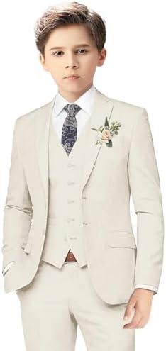 Boys Linen Suits for Kids Summer Slim Fit 3 Piece Beach Wedding Outfit Light Weight Tuxedo Linen Suit Set, 10Y